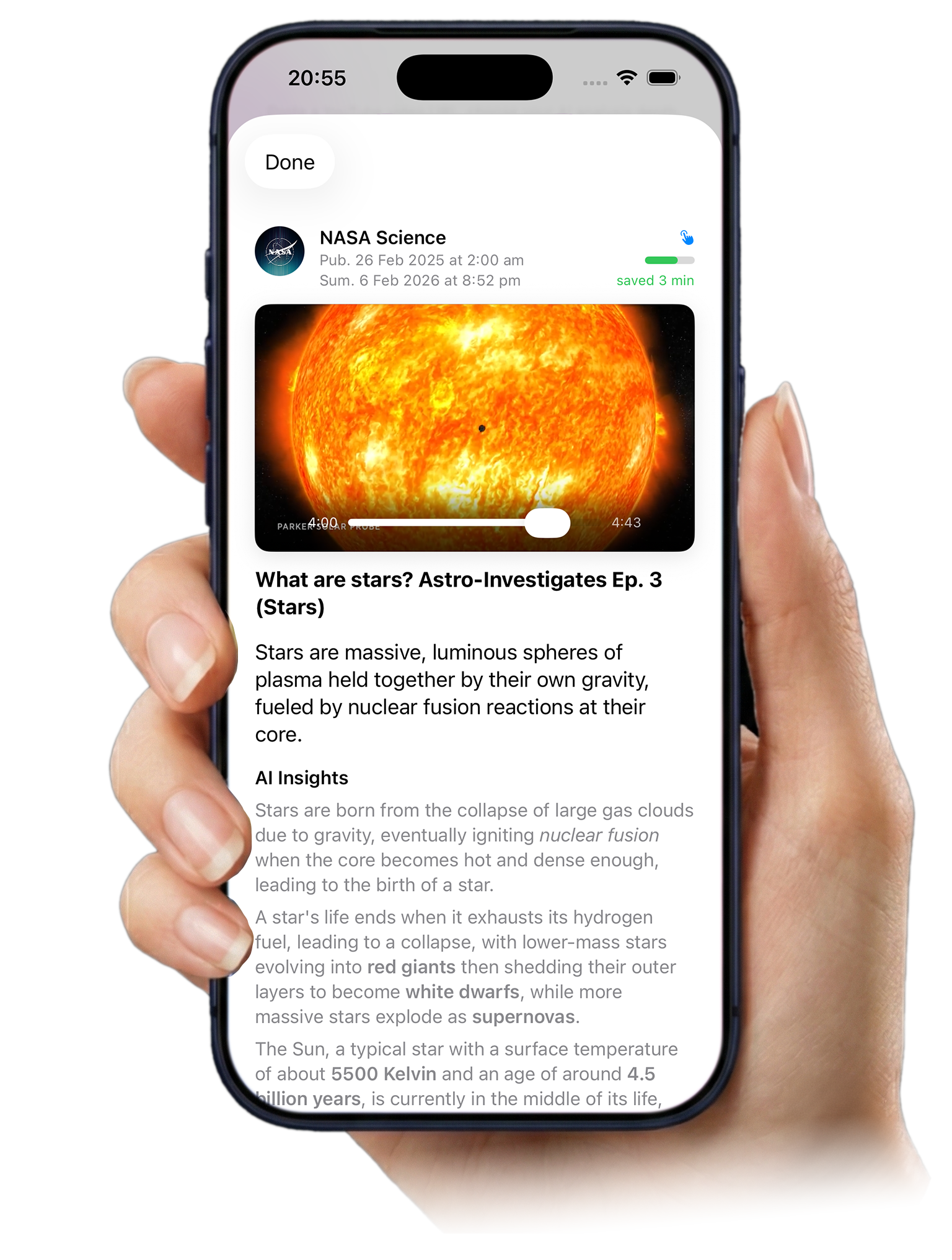 YoTu app showing an AI video summary on iPhone